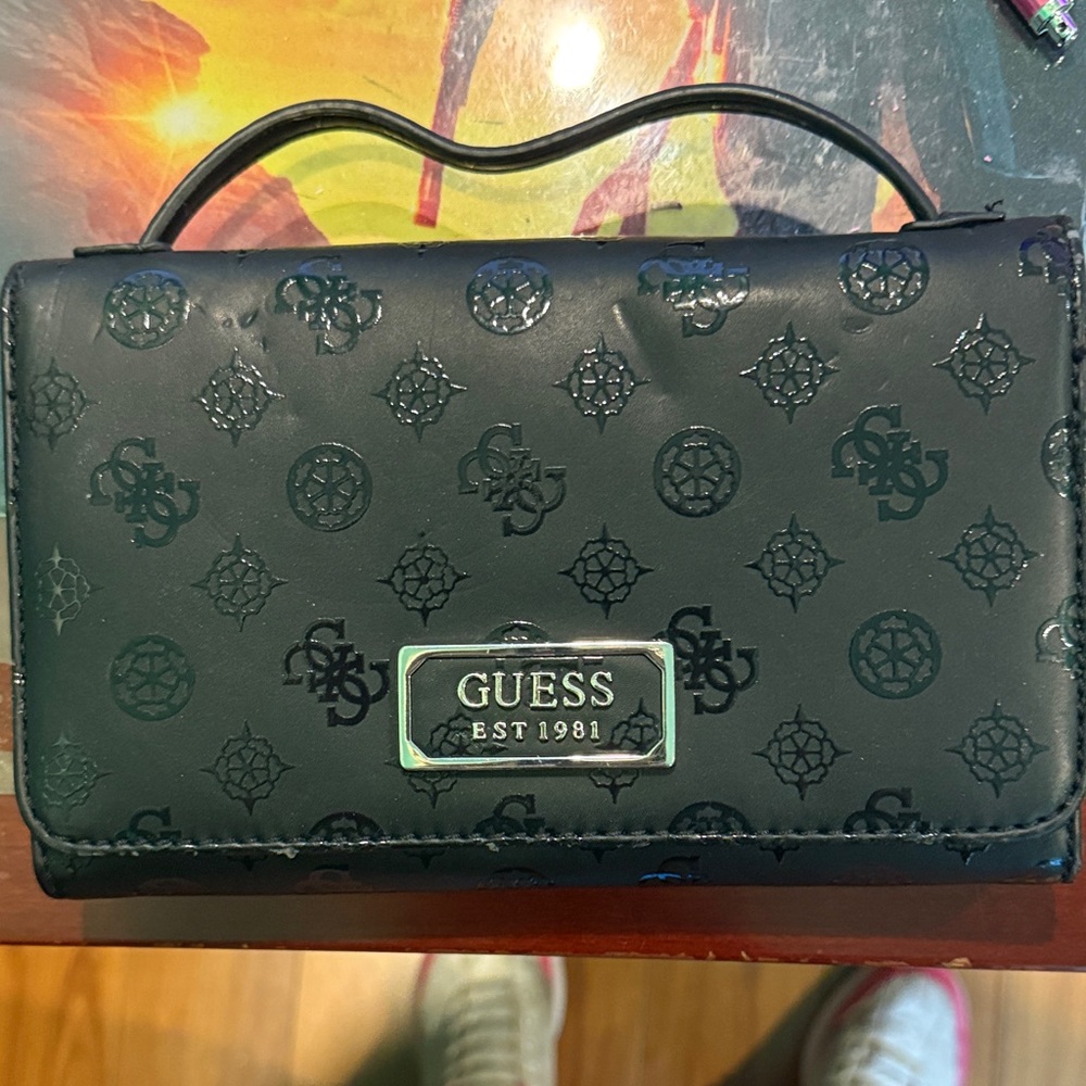 GUESS Black Logo-Embossed Top-Handle Wallet